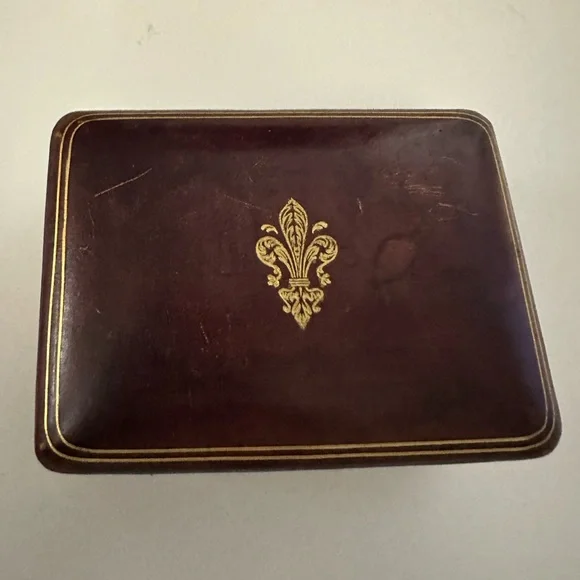 Vintage Antique Florentine Leather Box Tooled Gold Gilt Fleur De Lis Decoration